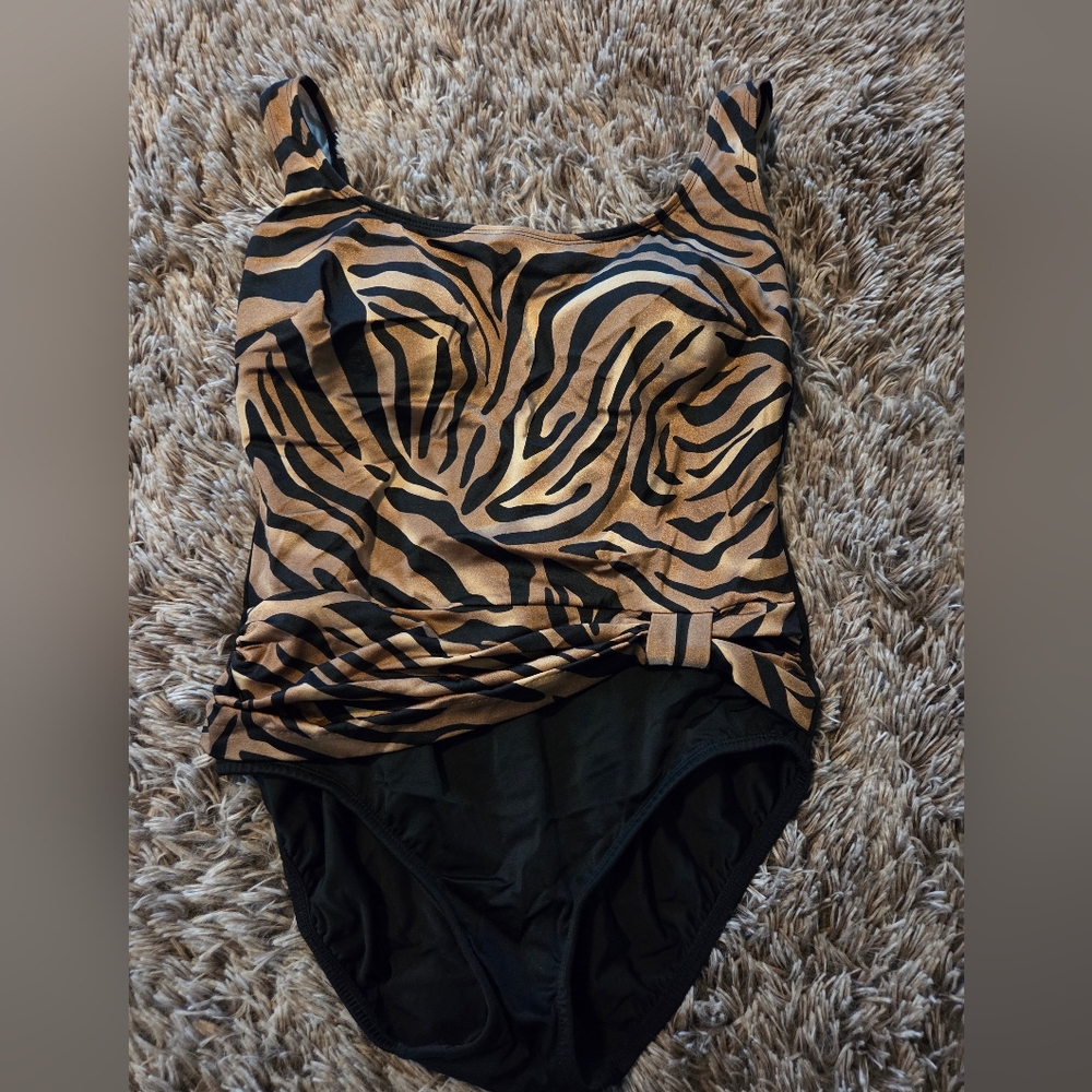 Longitude Torso Twist Draped Black Gold and Tan Zebra One Piece Size 10